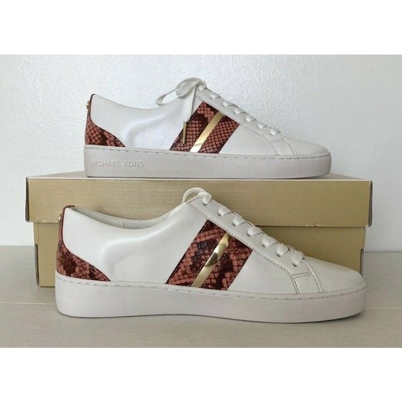 New Michael Kors Catelyn Stripe Lace Up Nappa PU sneakers size 5.5 White Peach - Picture 1 of 7